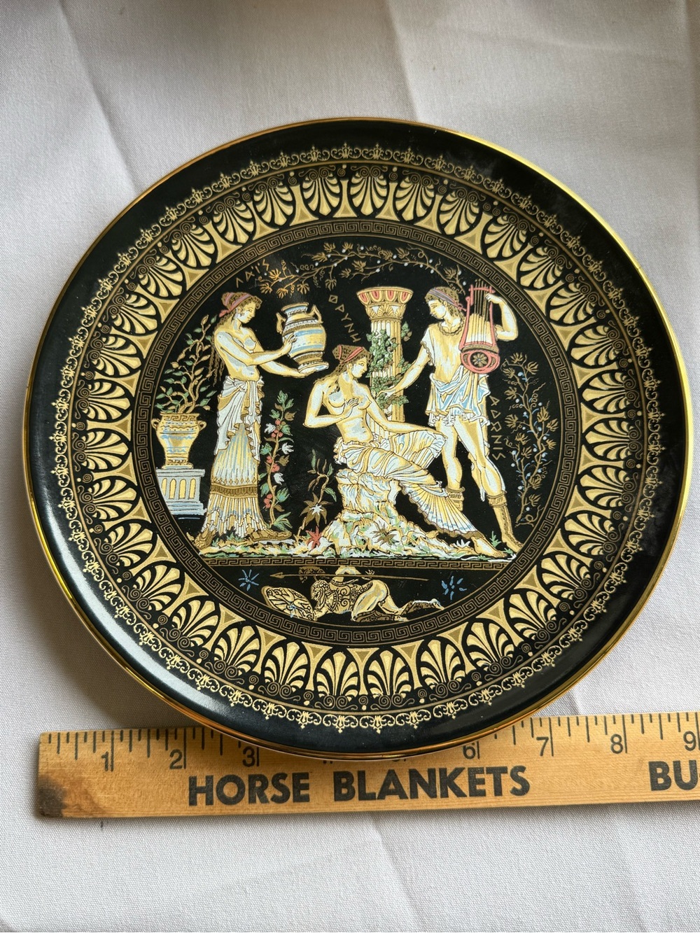 Black and Gold Classical-Scene Decorative Ceramic Plate w 24K Gold